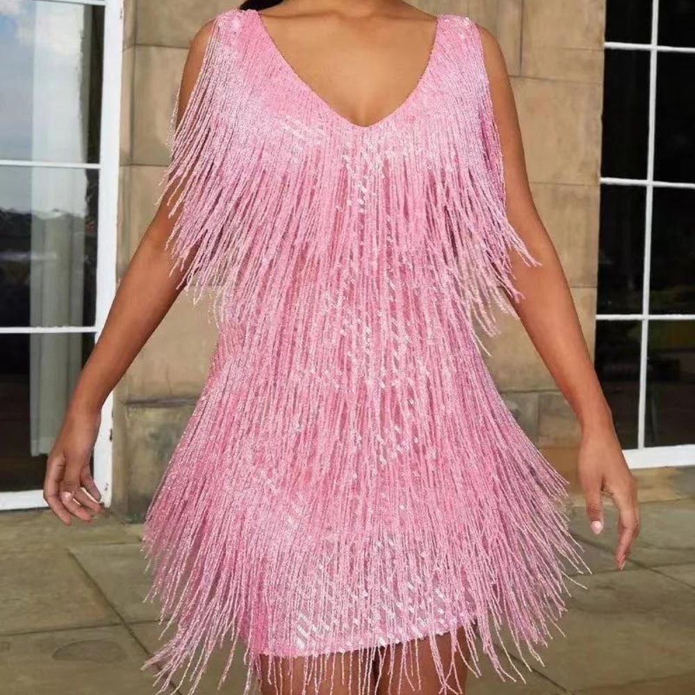 Women's Fringe Detail Party Mini Dress | V Neck Night Out Alternate
