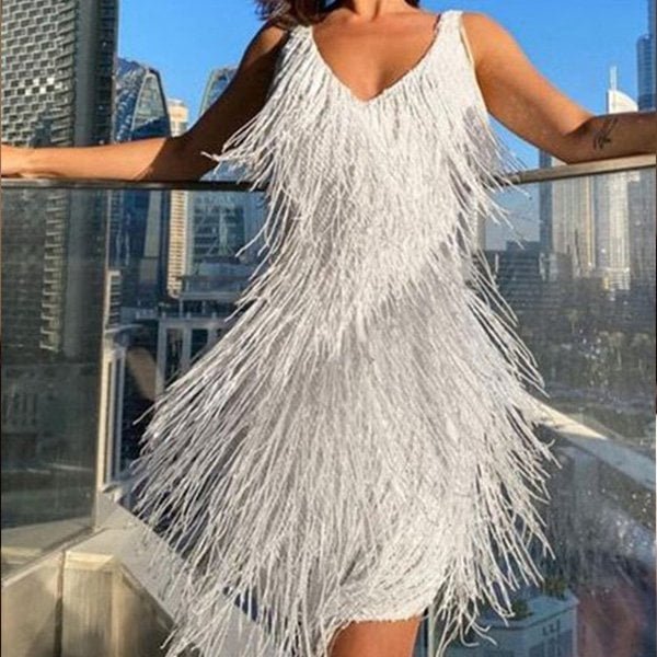 Women's Fringe Detail Party Mini Dress | V Neck Night Out Close Up