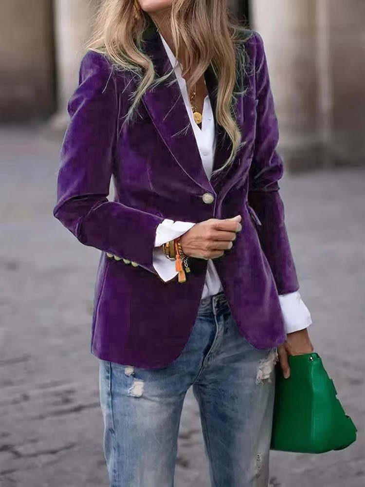 Women's Gold Button Cuff Velvet Blazer | Fitted Back