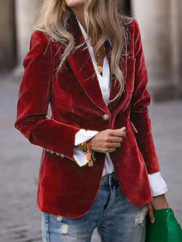 Women's Gold Button Cuff Velvet Blazer | Fitted Side