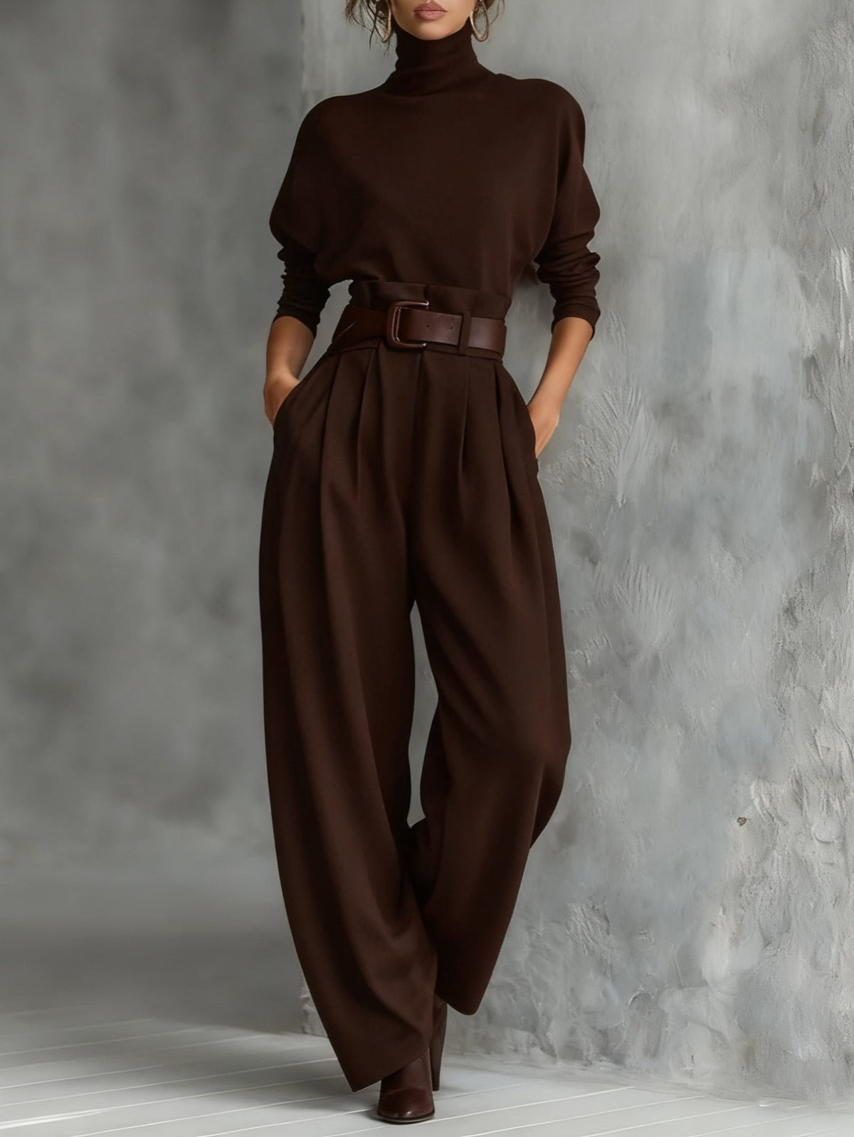 Women's High-Neck Wide Leg Jumpsuit Set | Belted One-Piece Back