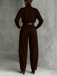 Women's High-Neck Wide Leg Jumpsuit Set | Belted One-Piece Close Up