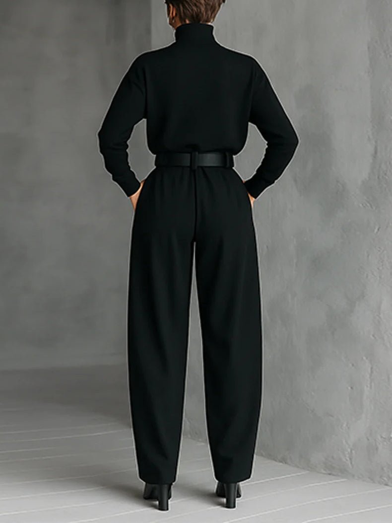 Women's High-Neck Wide Leg Jumpsuit Set | Belted One-Piece Front
