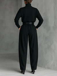 Women's High-Neck Wide Leg Jumpsuit Set | Belted One-Piece Front