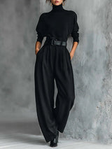 Women's High-Neck Wide Leg Jumpsuit Set | Belted One-Piece