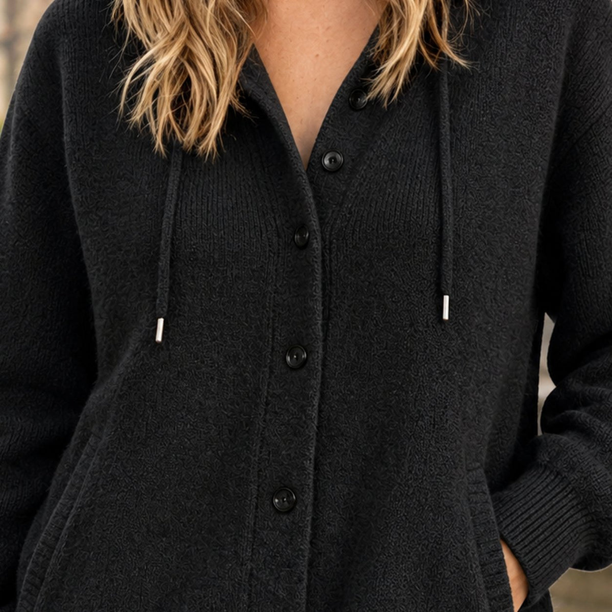 Women's Hooded Cardigan Sweater | Drawcord Knit Layer Front