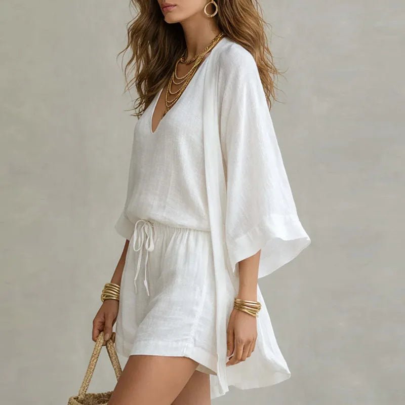 Women's Kimono Linen 3 Piece Co-ord Set | Relaxed Fit Front