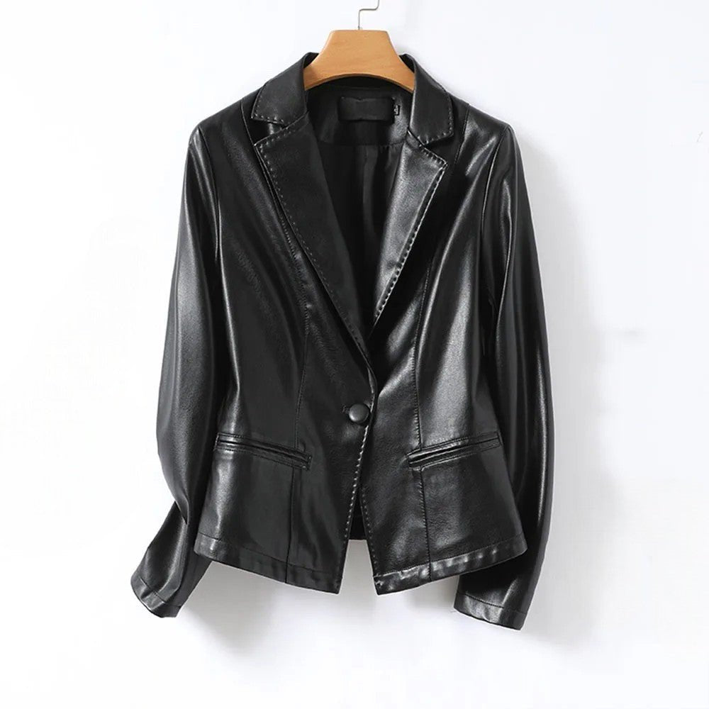 Women's Lambskin Leather Blazer | Single-Button Sculpted Fit Side