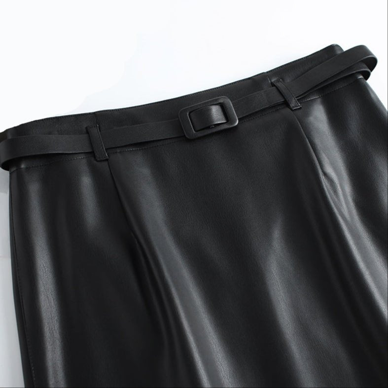 Women's Leather Pencil Skirt | Front Slit Belted Fit Angle
