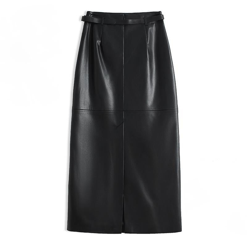 Women's Leather Pencil Skirt | Front Slit Belted Fit Close Up
