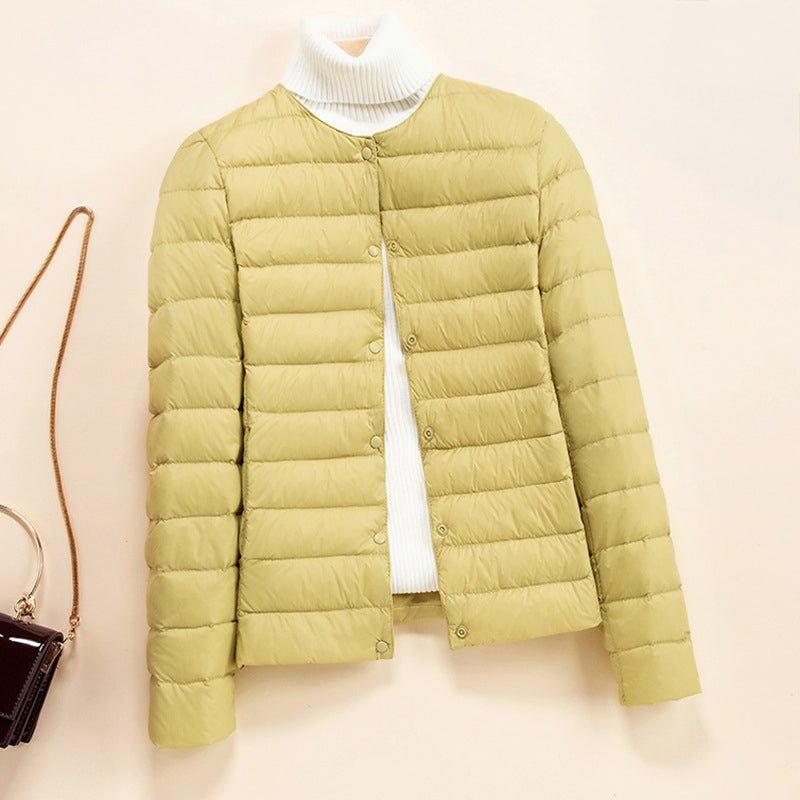 Women's Lightweight Quilted Down Jacket | Collarless Round Neck Back