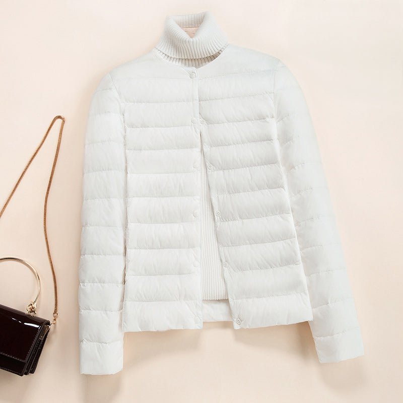 Women's Lightweight Quilted Down Jacket | Collarless Round Neck Detail