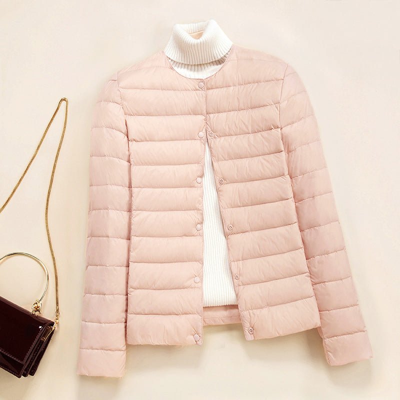 Women's Lightweight Quilted Down Jacket | Collarless Round Neck Front