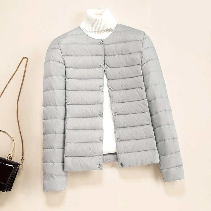 Women's Lightweight Quilted Down Jacket | Collarless Round Neck Side