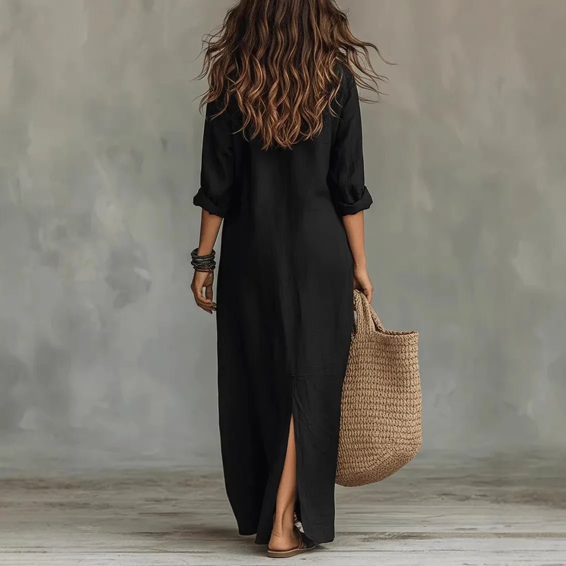 Women's Linen Long Shirt Dress | V-Neck Maxi Detail