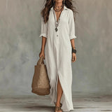 Women's Linen Long Shirt Dress | V-Neck Maxi