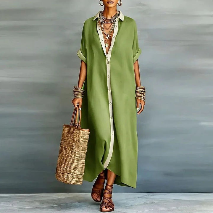 Women's Linen Long Shirt Sundress | Button-Front Maxi Close Up