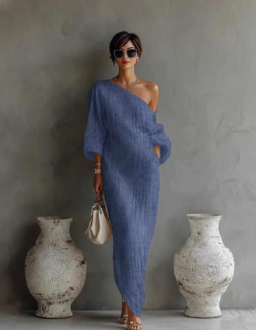 Women's Linen One Shoulder Dress | Asymmetric Hem Back