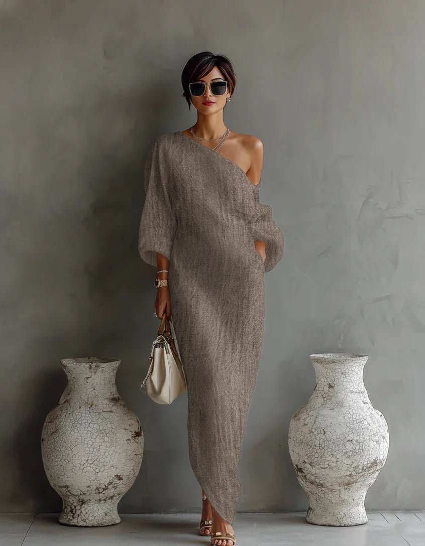 Women's Linen One Shoulder Dress | Asymmetric Hem Close Up