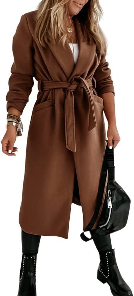 Women's Long Belted Wool Coat | Wide Lapel Everyday Layer Detail