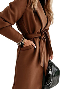 Women's Long Belted Wool Coat | Wide Lapel Everyday Layer Front