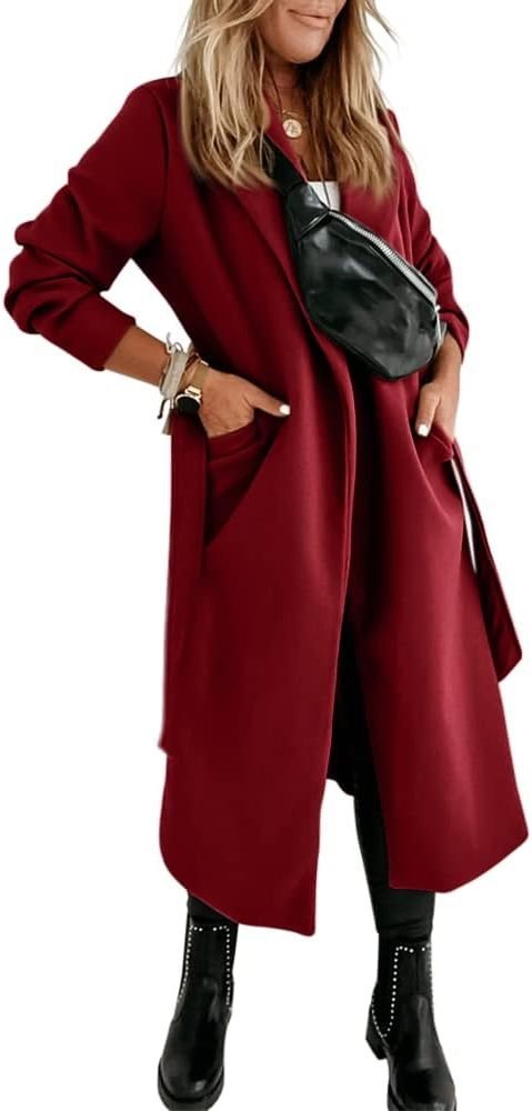 Women's Long Belted Wool Coat | Wide Lapel Everyday Layer Full