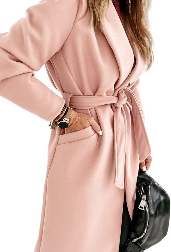 Women's Long Belted Wool Coat | Wide Lapel Everyday Layer View 12