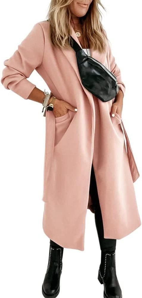 Women's Long Belted Wool Coat | Wide Lapel Everyday Layer View 14