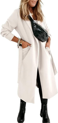 Women's Long Belted Wool Coat | Wide Lapel Everyday Layer View 19