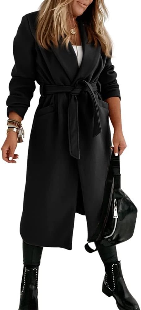 Women's Long Belted Wool Coat | Wide Lapel Everyday Layer View 33