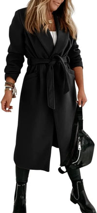 Women's Long Belted Wool Coat | Wide Lapel Everyday Layer View 33