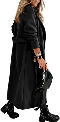 Women's Long Belted Wool Coat | Wide Lapel Everyday Layer View 35