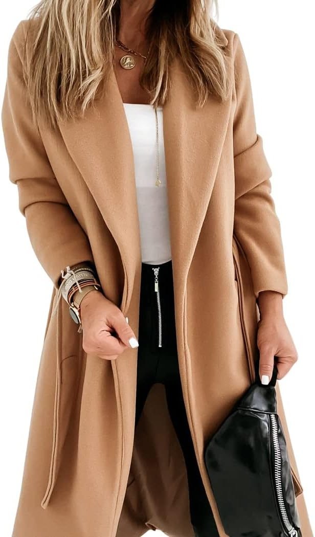 Women's Long Belted Wool Coat | Wide Lapel Everyday Layer View 36