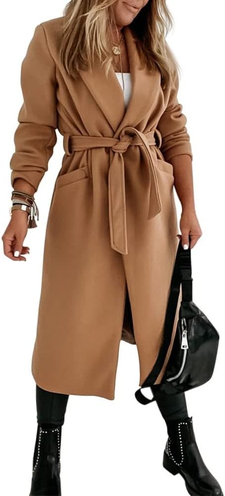 Women's Long Belted Wool Coat | Wide Lapel Everyday Layer View 38