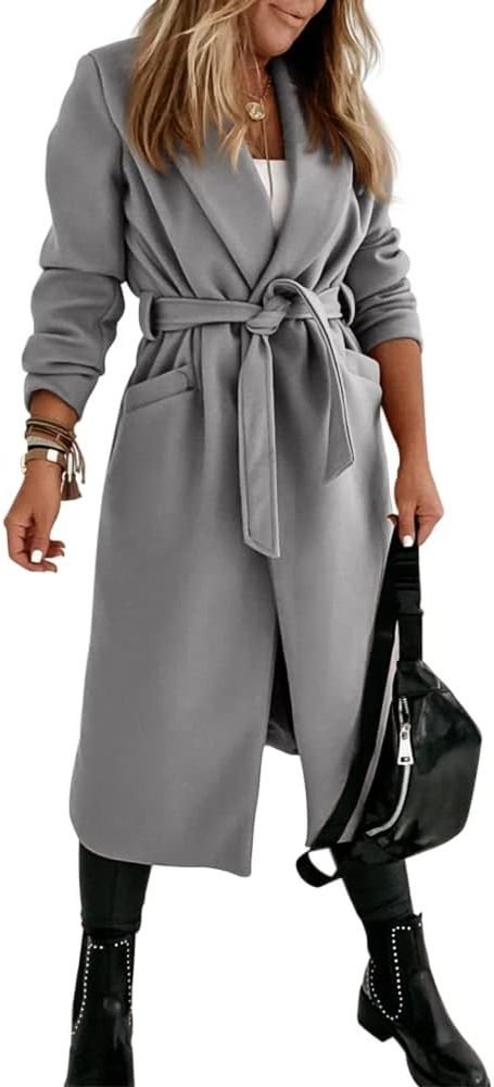 Women's Long Belted Wool Coat | Wide Lapel Everyday Layer View 44