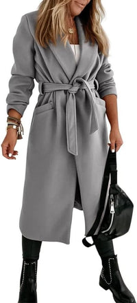 Women's Long Belted Wool Coat | Wide Lapel Everyday Layer View 44