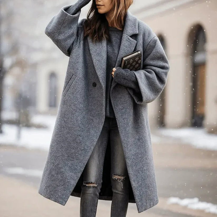 Women's Long Coat Wide Collar | Straight Cut Lapel Side