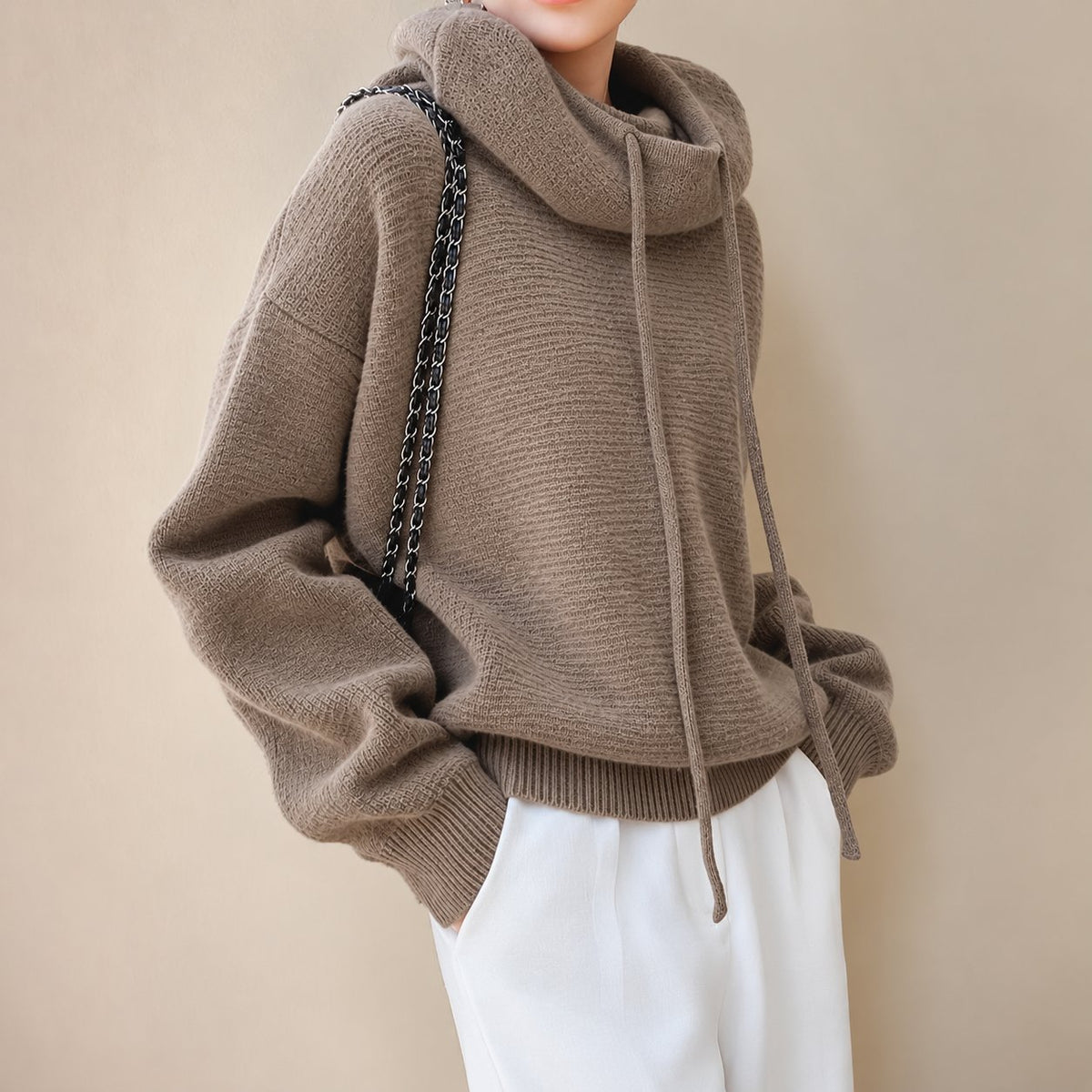 Women's Merino Wool Cowl Neck Hoodie | Relaxed Knit Layer Side
