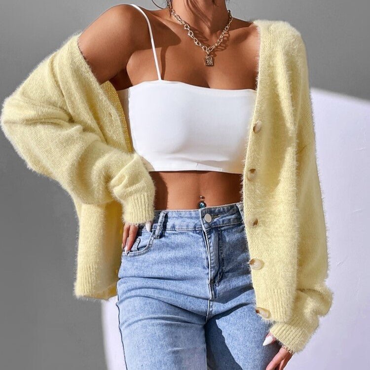Women's Mink Cardigan Sweater | Drop Shoulder V-Neck Back