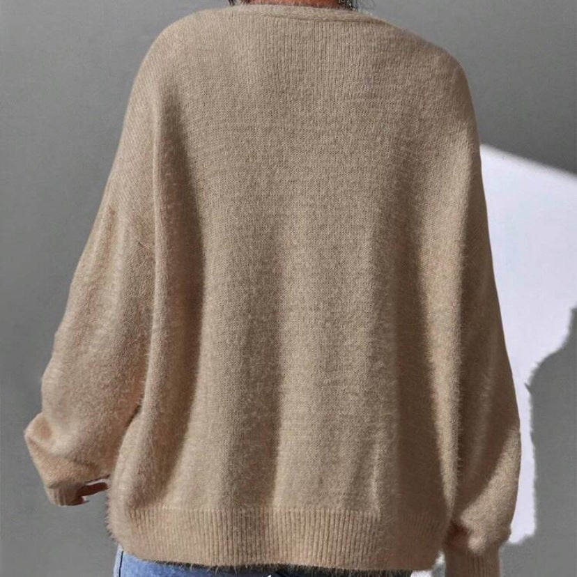 Women's Mink Cardigan Sweater | Drop Shoulder V-Neck Close Up