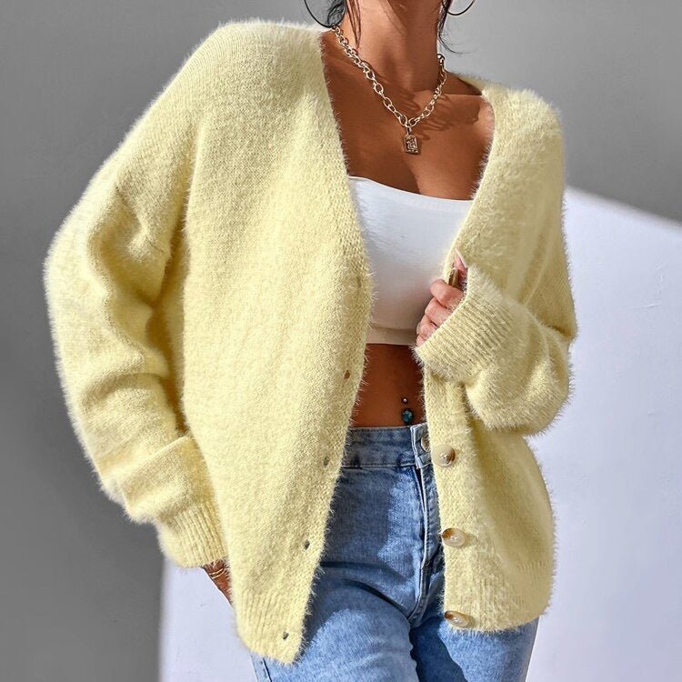Women's Mink Cardigan Sweater | Drop Shoulder V-Neck Detail