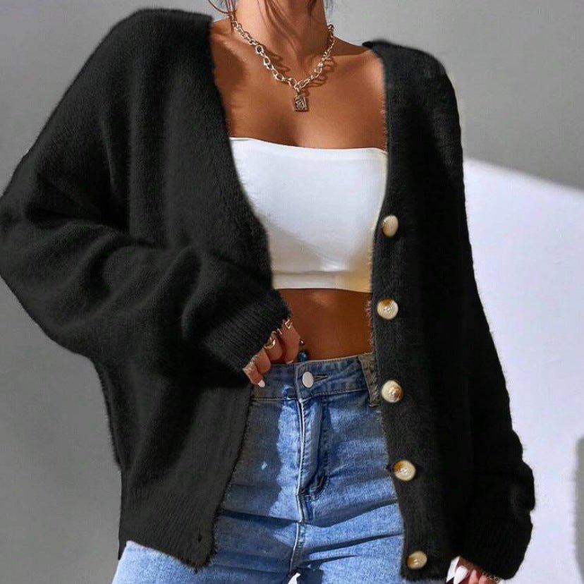 Women's Mink Cardigan Sweater | Drop Shoulder V-Neck Front