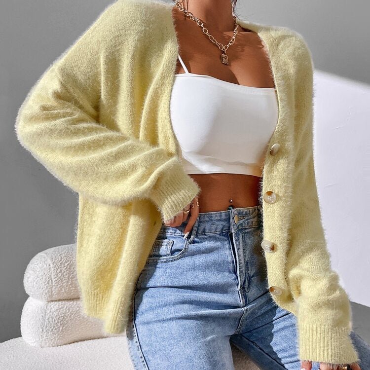 Women's Mink Cardigan Sweater | Drop Shoulder V-Neck Side
