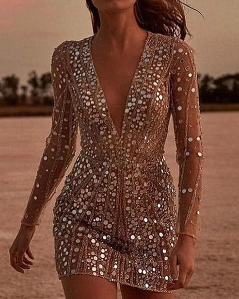 Women's Mirror Sequin V-Neck Dress | Sheer Sleeves Detail