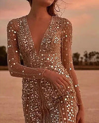 Women's Mirror Sequin V-Neck Dress | Sheer Sleeves Front