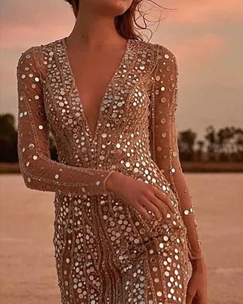 Women's Mirror Sequin V-Neck Dress | Sheer Sleeves Front