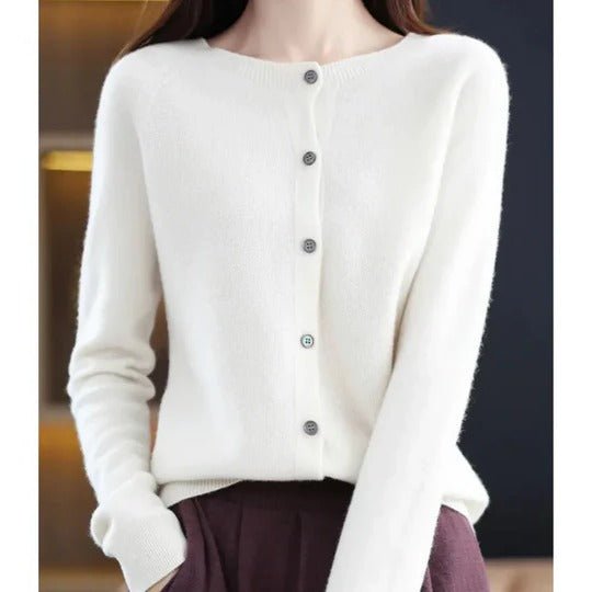 Women's Notch Collar Round Neck Cardigan Sweater | Button Front Back