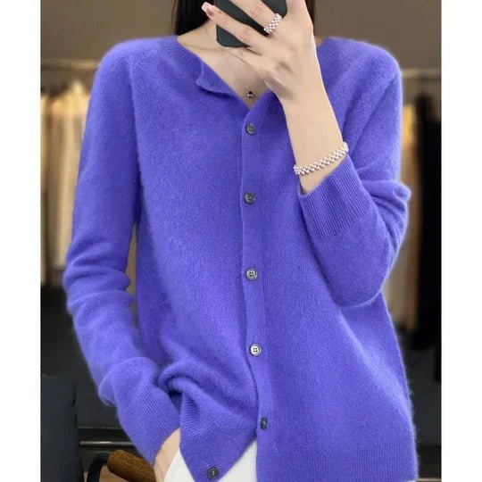 Women's Notch Collar Round Neck Cardigan Sweater | Button Front Detail