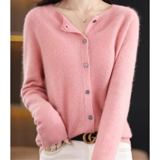 Women's Notch Collar Round Neck Cardigan Sweater | Button Front Front