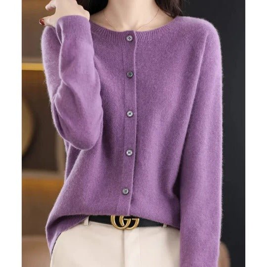 Women's Notch Collar Round Neck Cardigan Sweater | Button Front Full